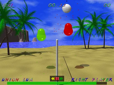 Archival Blobby Volley 2 replay view with green and red blobs, a volleyball net and playback controls.