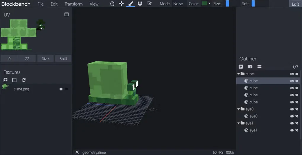 Blockbench editor showing a green low-poly slime model, UV texture panel and object outliner