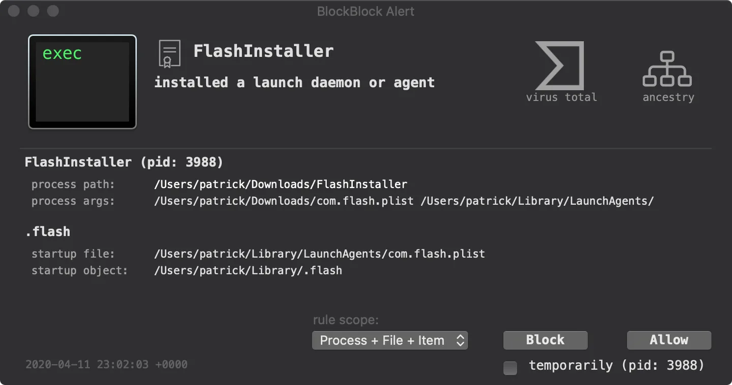 BlockBlock alert showing FlashInstaller adding a launch agent, process and startup paths, rule scope, and Block and Allow controls.