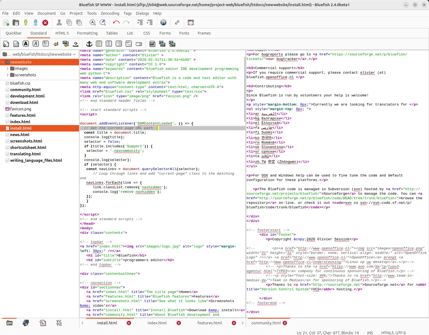 Publisher illustration of Bluefish on Linux with a project tree and two HTML source documents side by side; not the Mac build.