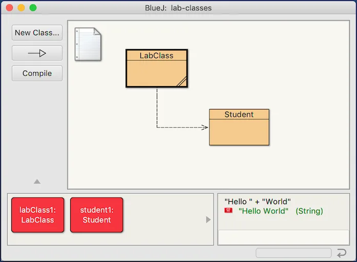 BlueJ lab-classes project showing LabClass and Student classes, two objects on the object bench and a Java expression in the code pad.
