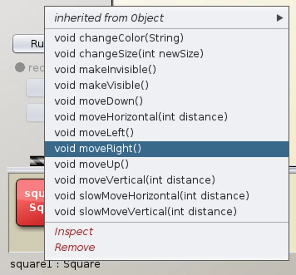 BlueJ example showing a Square object's method menu, including moveRight, Inspect and Remove, above the object bench