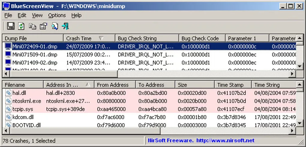 BlueScreenView showing saved crash dumps above a driver list with pink-highlighted stack matches