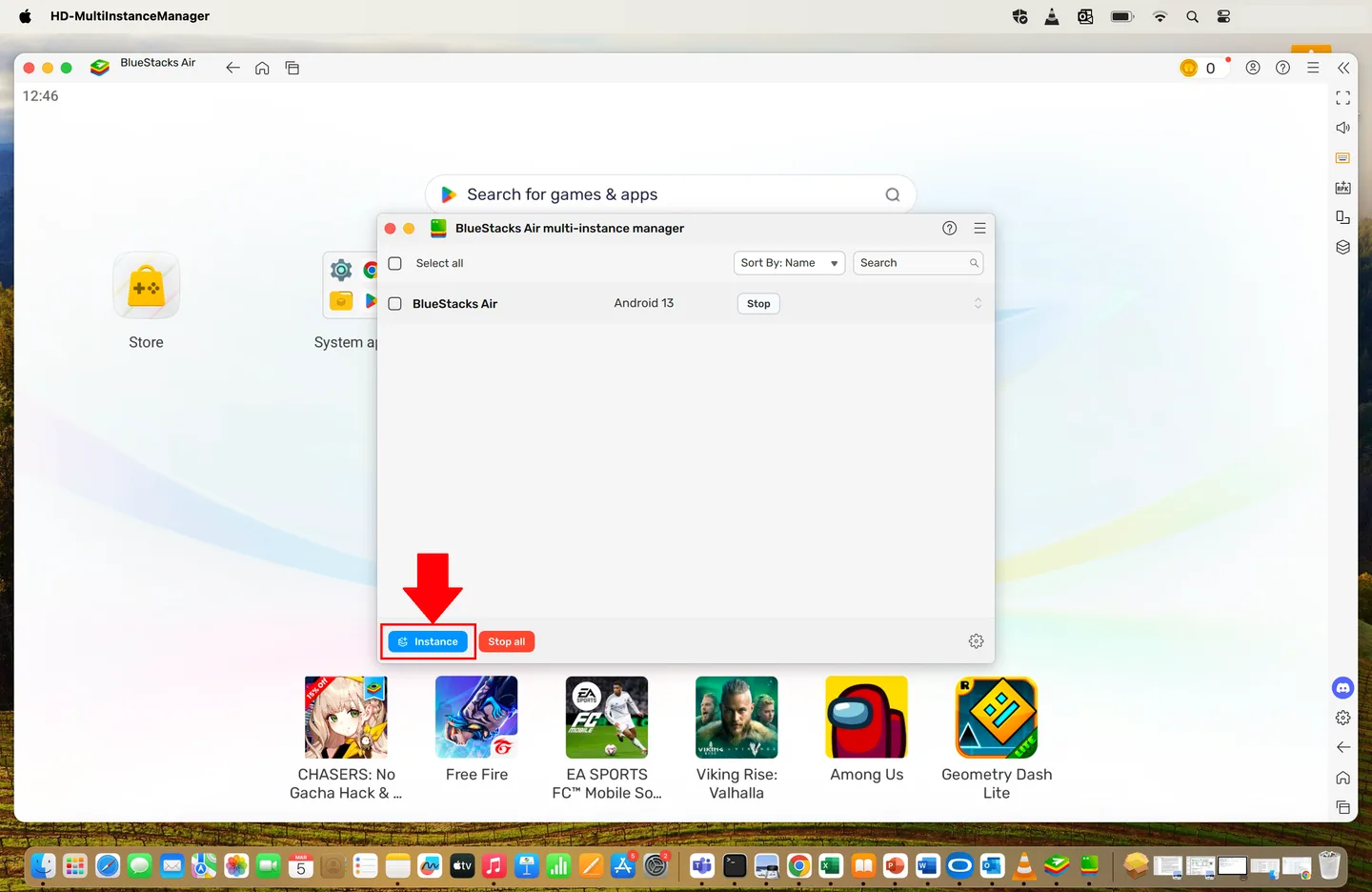 BlueStacks Air on macOS with the Multi-instance Manager open and the Instance button highlighted in the publisher guide.