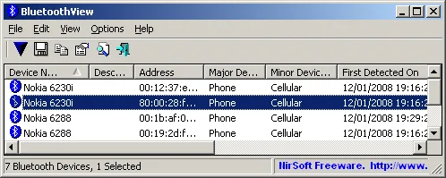Publisher screenshot of BluetoothView showing detected Nokia phones, Bluetooth addresses, device types and first-detection times in a Windows table.