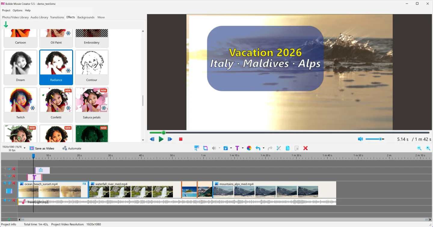 Bolide Movie Creator 5.5 example interface with effects, a vacation title preview, and video and music timeline tracks