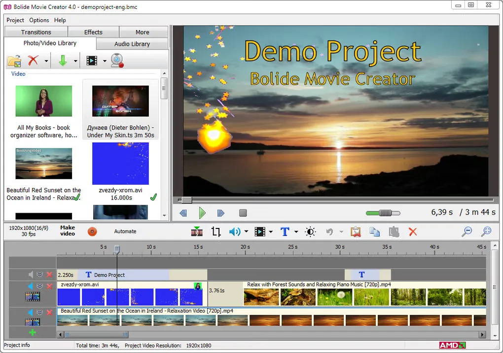 Older Bolide Movie Creator 4.0 interface showing the media library, Demo Project preview and layered timeline