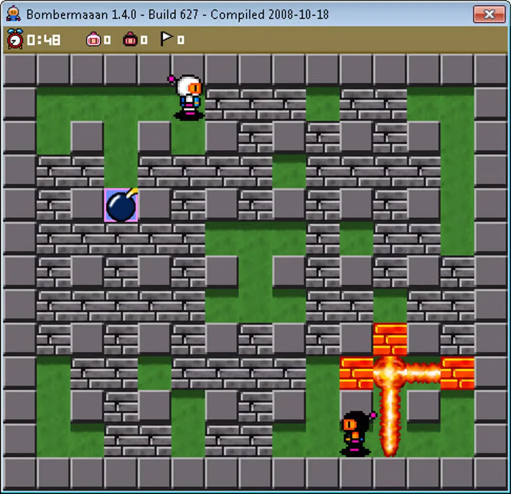 Bombermaaan 1.4 Windows game window showing a tiled arena, two players, a bomb and a cross-shaped explosion.