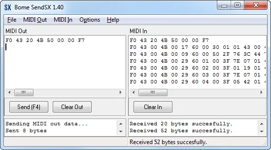 Bome SendSX 1.40 main window with MIDI Out and MIDI In hexadecimal data panes, send controls and transfer logs