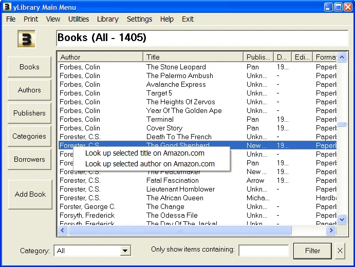 Publisher's BookDB2 screenshot showing a book catalogue, author and title columns, borrower navigation and category filtering.