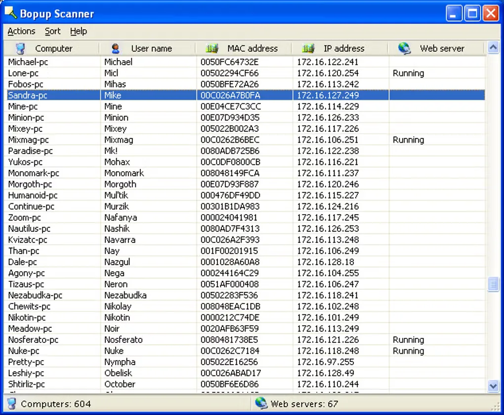 Bopup Scanner Windows results table showing computer names, user names, MAC addresses, IP addresses and detected web servers.