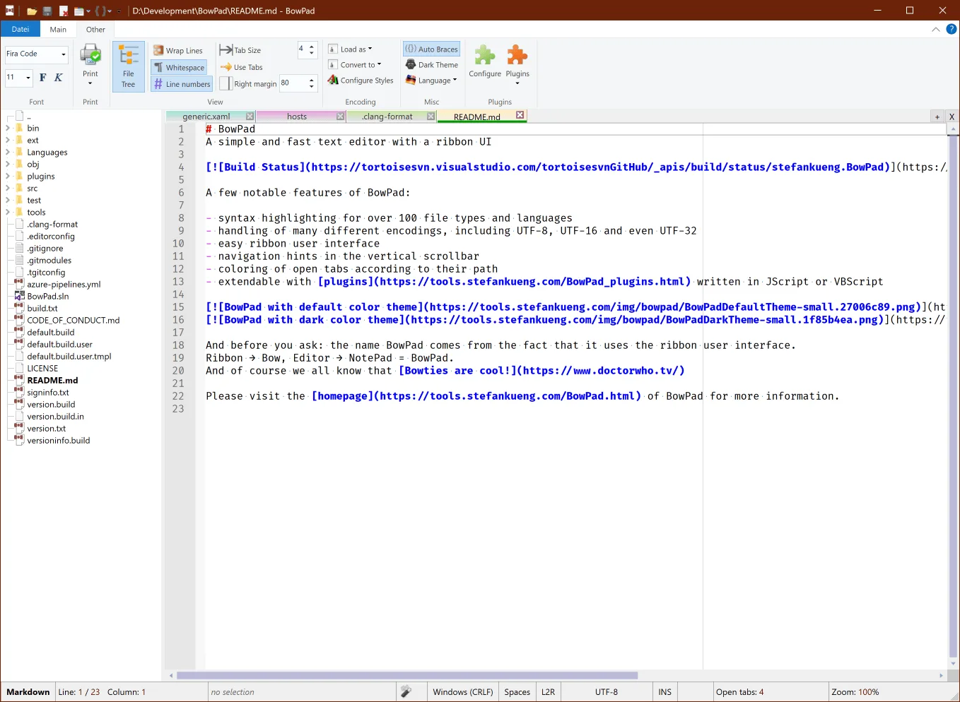 BowPad's default-theme editor showing ribbon controls, a file tree and a Markdown document among several open tabs.