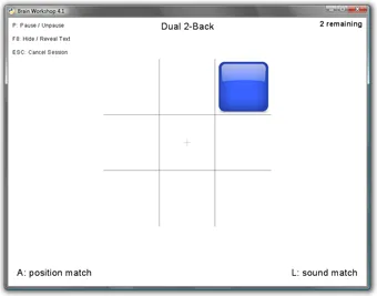 Historical Brain Workshop 4.1 Dual 2-Back session with a blue square, position-match and sound-match controls.