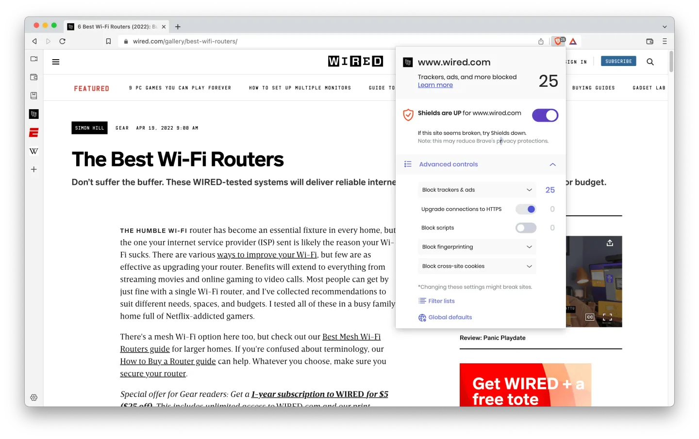 Publisher desktop screenshot of Brave showing a WIRED page and the open Shields controls; macOS-style window controls are visible.