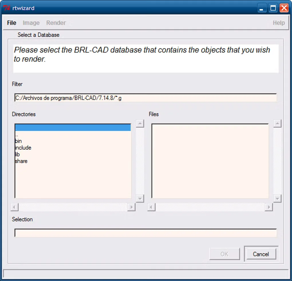 Legacy BRL-CAD Windows rtwizard database-selection dialog showing a 7.14.8 folder