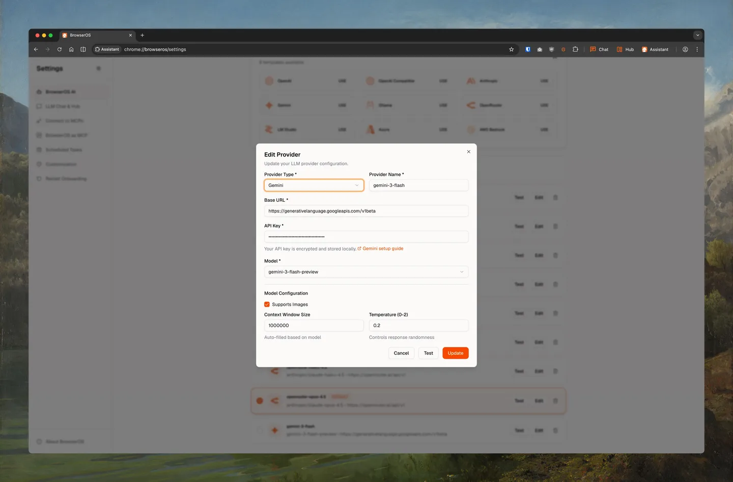 BrowserOS Edit Provider dialog for Gemini, with model and API-key fields; publisher screenshot captured on macOS.