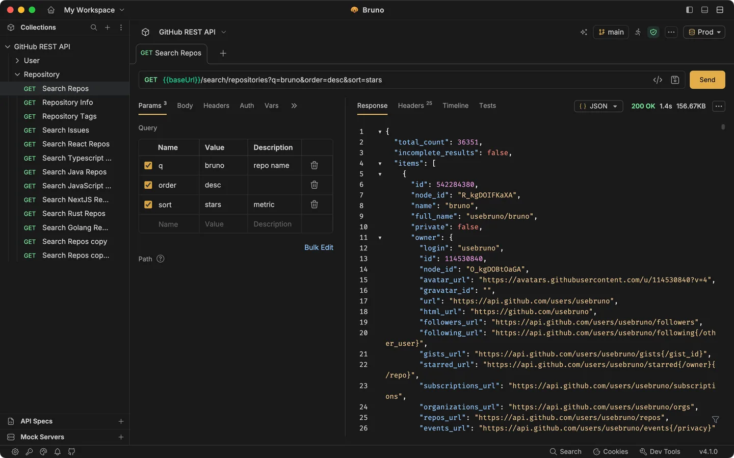 Bruno cross-platform desktop UI showing a GitHub REST API collection, GET request parameters and JSON response; macOS controls and v4.1.0 visible