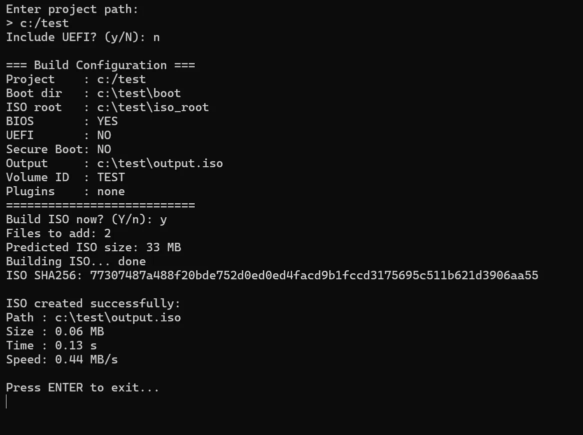 Publisher’s BuildIso console showing project paths, BIOS-only build settings and ISO creation output; screenshot release unspecified.