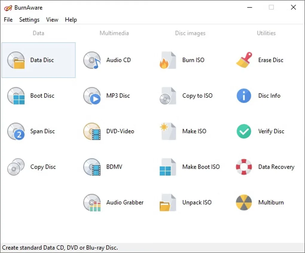 BurnAware Windows task launcher with data, multimedia, disc-image and utility tools; some pictured tools require a paid edition.
