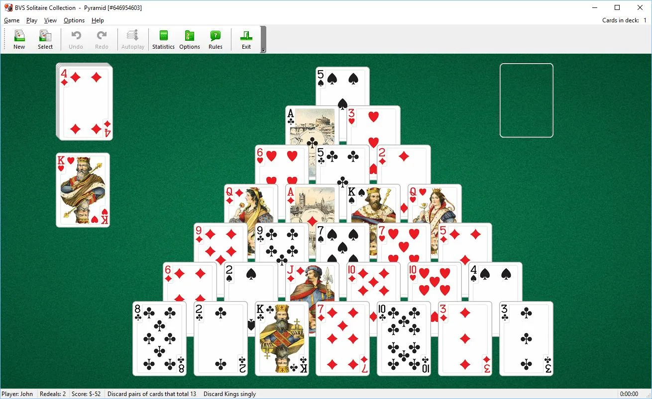 BVS Solitaire Collection on Windows showing a Pyramid game, green felt table and move toolbar