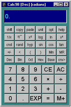 Calc98 desktop calculator with scientific function keys, number-base buttons and a numeric keypad