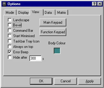 Calc98 Options dialog on the View tab with keypad, tray icon, always-on-top and auto-hide controls