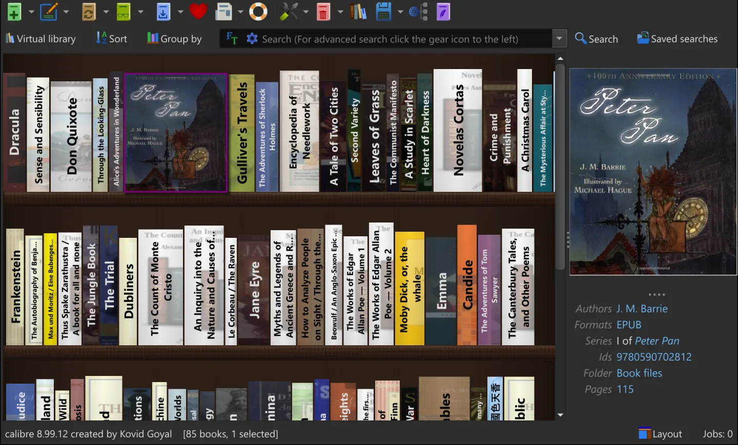Publisher preview of Calibre's dark Bookshelf view with book spines, search tools and Peter Pan metadata; cross-platform UI, not a Mac-release capture.