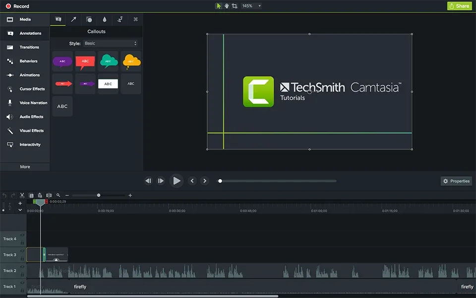 Publisher Camtasia screenshot showing annotation callouts, a preview canvas and a multitrack audio timeline; interface version unspecified.