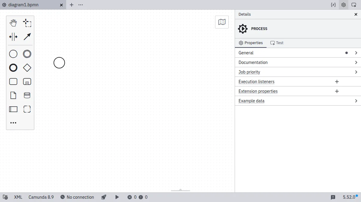 Camunda Modeler 5.52.0 with a BPMN start event, left element palette and right process properties panel