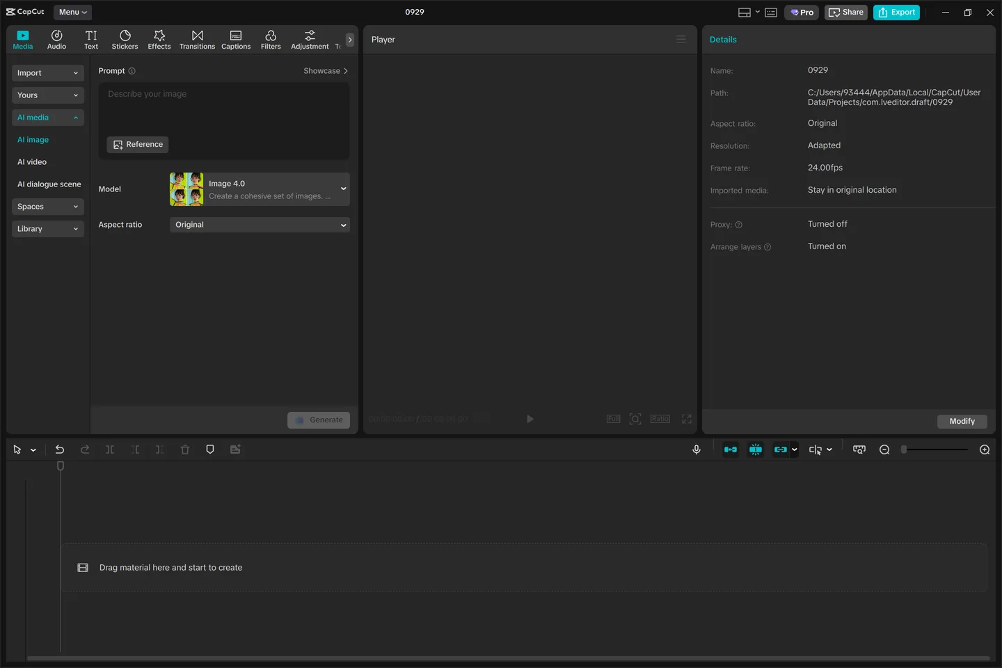 CapCut Desktop reference UI with AI image controls, preview and empty timeline; Windows-style controls, Mac layout may differ