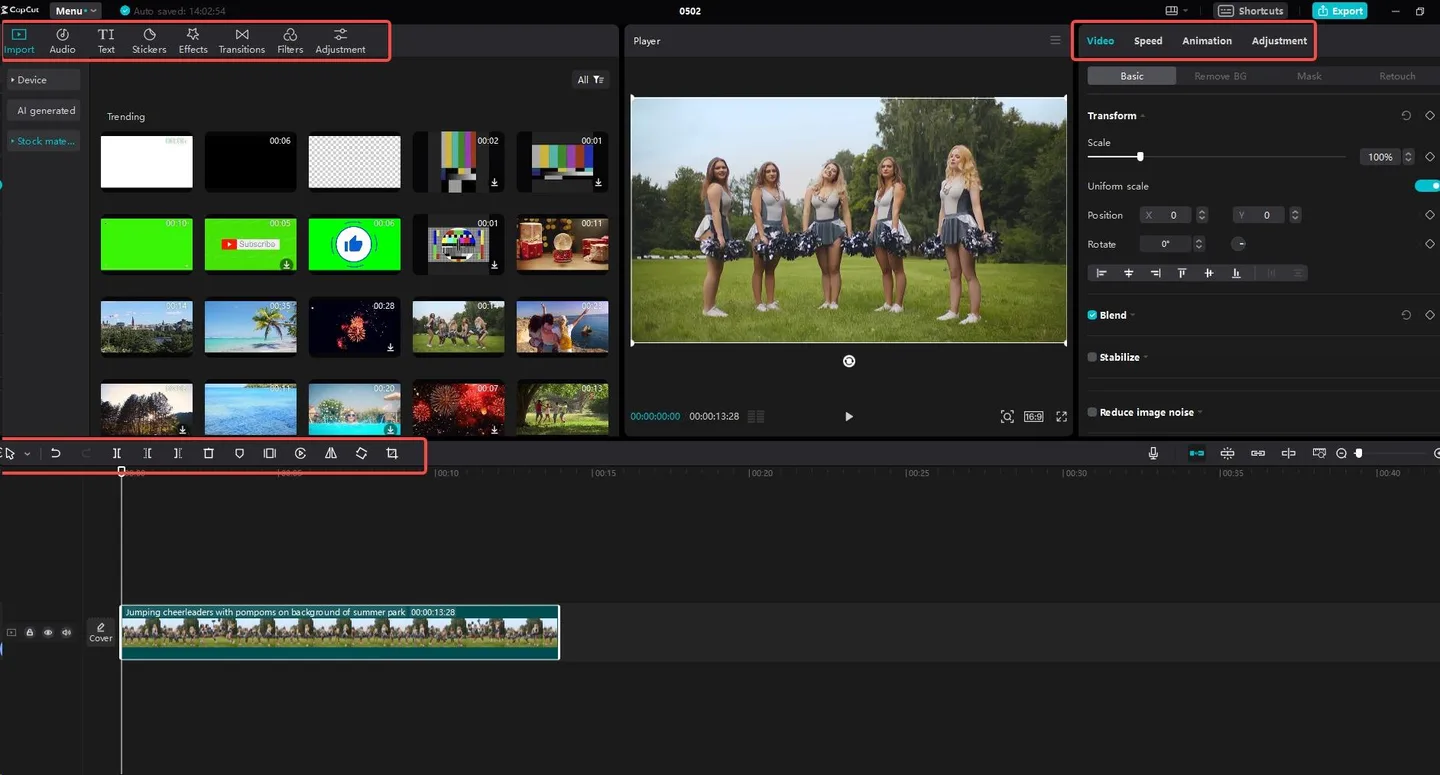 CapCut desktop editor showing a media library, video preview, adjustment controls and a clip on the timeline, with publisher tutorial outlines