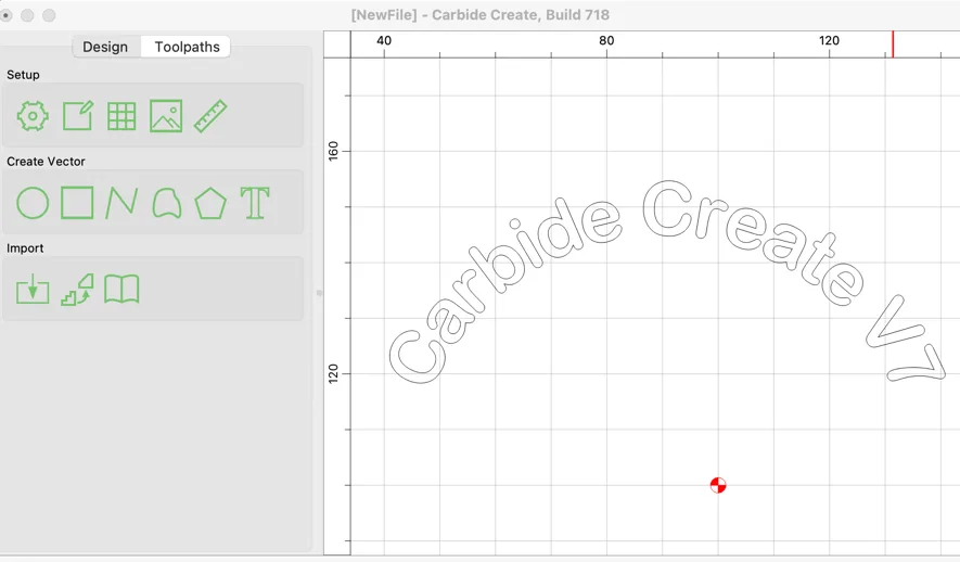 Publisher’s Carbide Create V7 build 718 macOS workspace with vector tools and text on an arc; illustrative, not Windows build 778.