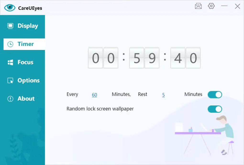 Earlier CareUEyes Timer interface showing a countdown, a 60-minute interval and a 5-minute rest setting
