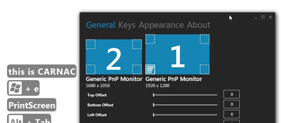 Historical Carnac settings showing two monitors and overlay offsets beside visible keystroke labels