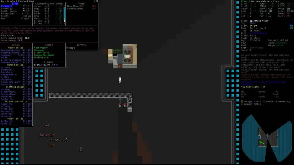Cataclysm: Bright Nights tiled gameplay with character statistics and skills on the left, a message sidebar and minimap on the right