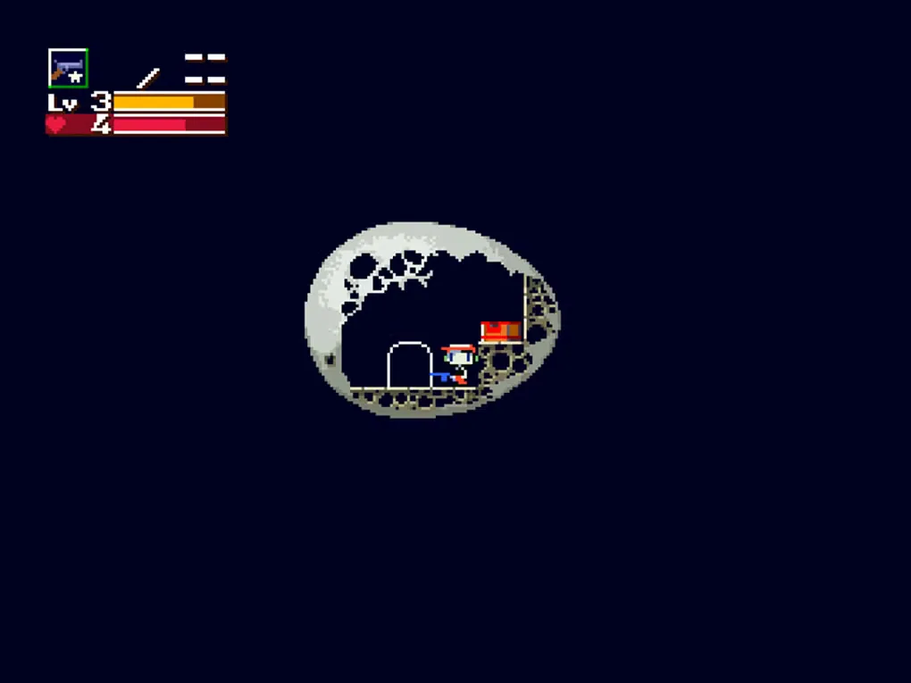 Cave Story gameplay showing the character beside a door and red chest in a dark cave, with weapon and health meters.
