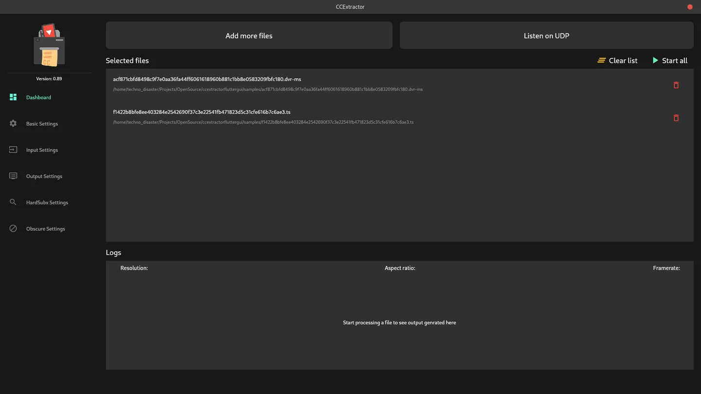 Older publisher reference of CCExtractor's cross-platform Flutter GUI on Linux, showing queued files, Logs and settings navigation