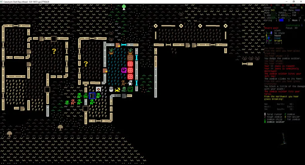 Historical Cataclysm: Dark Days Ahead Windows gameplay showing a symbol-based map, character status and combat messages