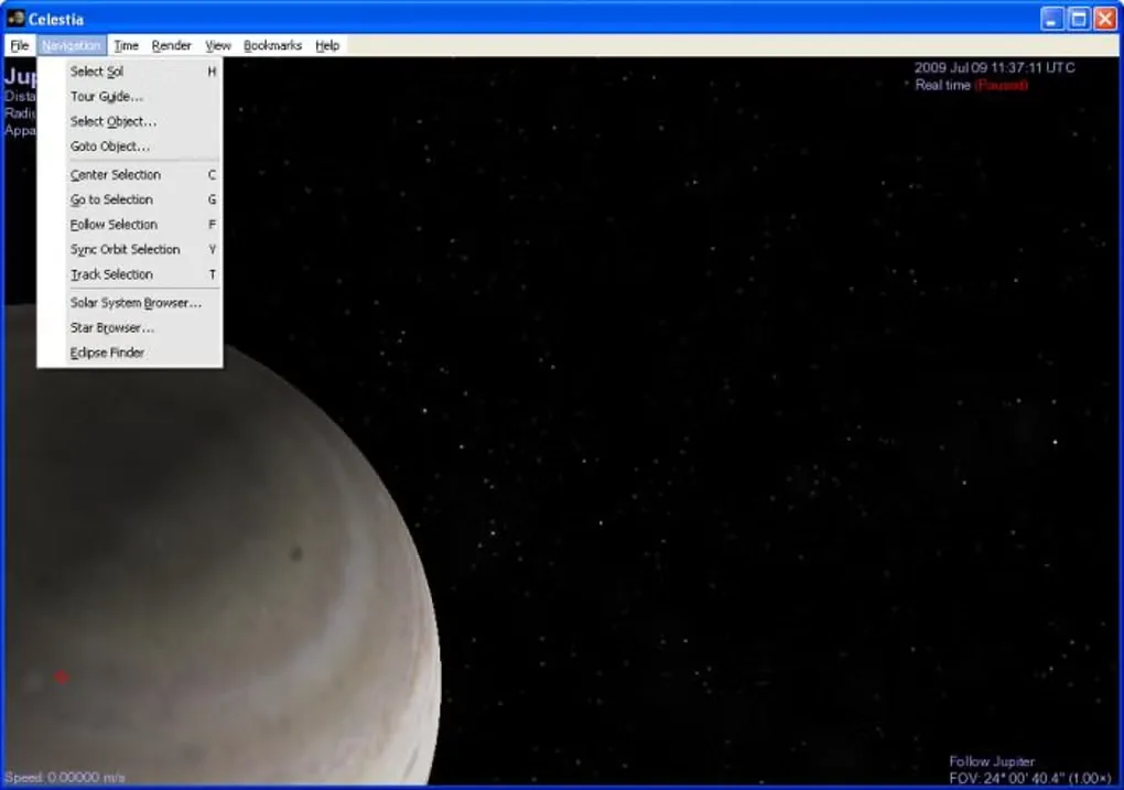 Older Celestia Windows interface showing Jupiter, a star field and the open Navigation menu