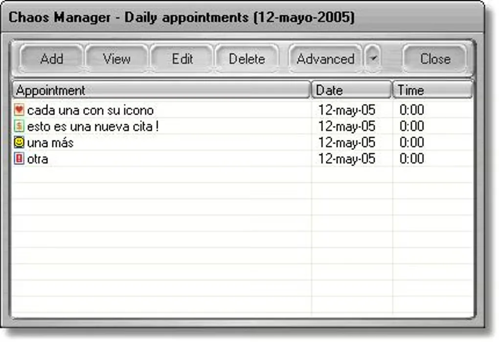 Chaos Manager daily appointments window with Add, View, Edit and Delete controls and an appointment list with date and time columns.
