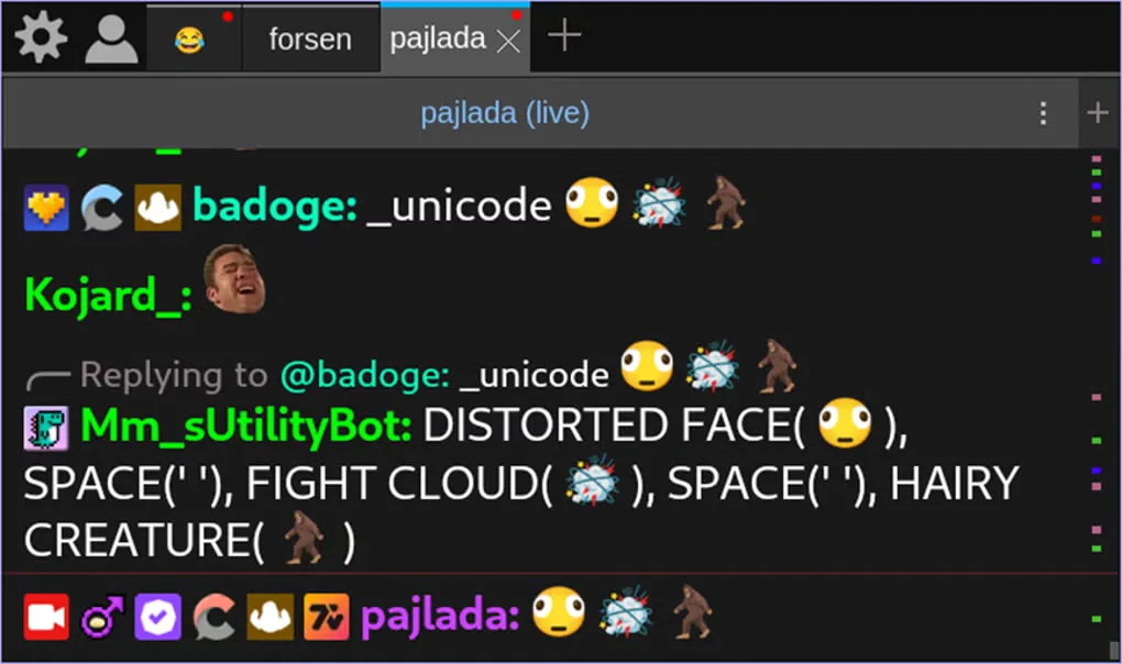 Chatterino dark chat interface with forsen and pajlada tabs, Twitch emotes and a reply thread