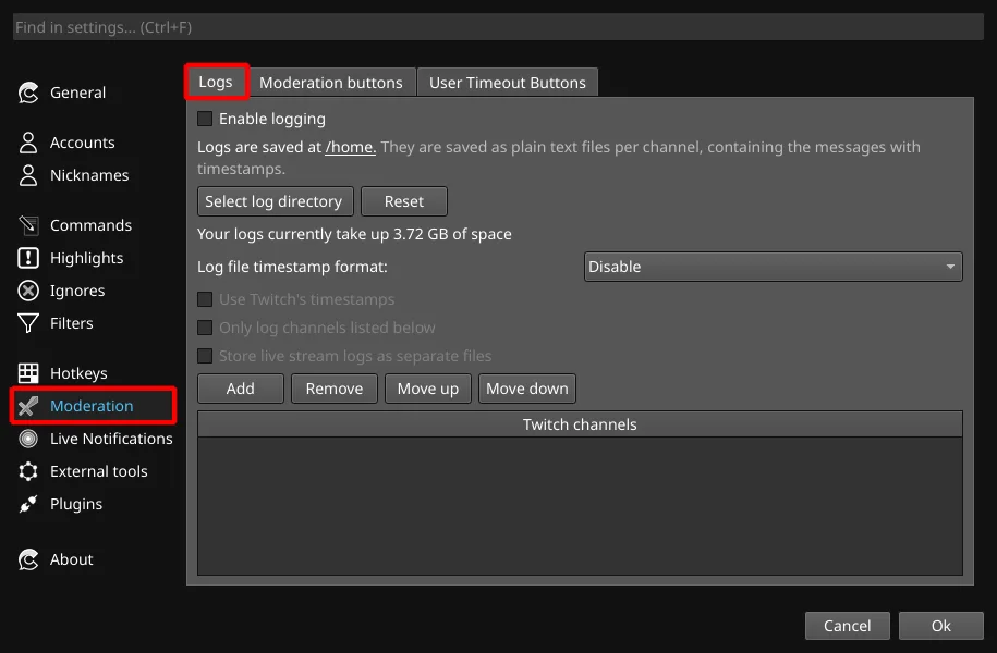 Chatterino documentation screenshot showing Moderation logging settings, timestamp options and a channel list; cross-platform illustration with a /home path