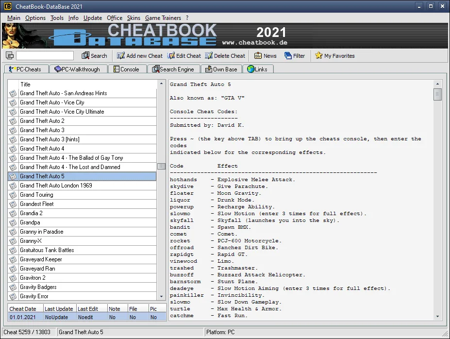 CheatBook-DataBase 2021 on Windows with an alphabetical game list and Grand Theft Auto 5 cheat-code entry