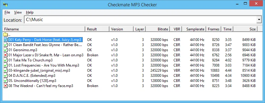 Checkmate MP3 Checker Windows interface listing MP3 files with OK and Broken results, bitrate, sample rate and duration.