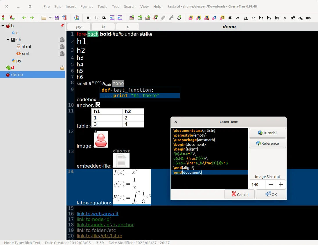 Older CherryTree Linux interface showing a note tree, rich text, a codebox, table, attachment and LaTeX dialog