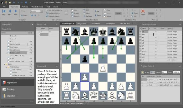 Chess Position Trainer 5.1.2 Pro with repertoire tree, annotated chessboard, candidate moves and engine output