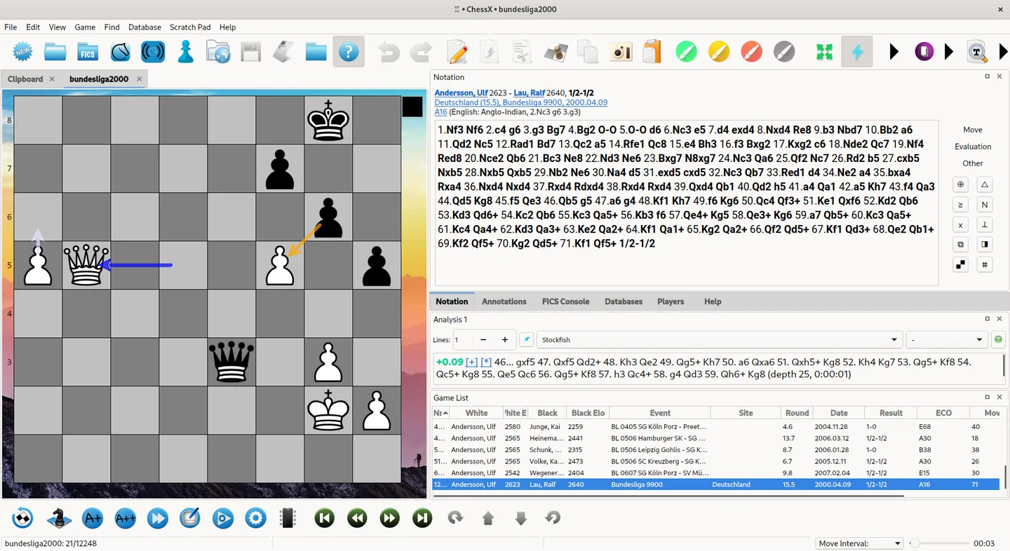 ChessX project sample showing a chessboard, annotated game notation, Stockfish analysis and a database game list; desktop platform unspecified.