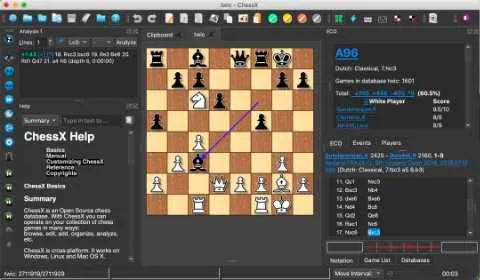 Publisher's ChessX Mac UI example with a dark chessboard, help panel, toolbar and game information.