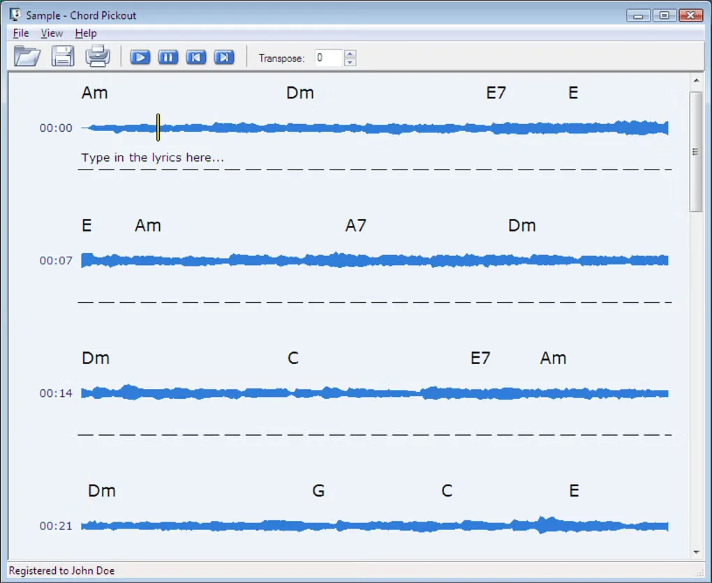 Chord Pickout on Windows showing chord names above audio waveforms, lyrics entry lines and playback controls.