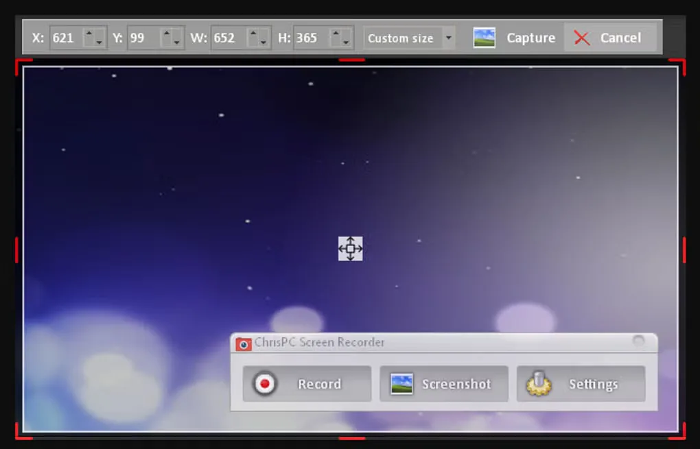 ChrisPC Screen Recorder area-selection toolbar above the floating Record, Screenshot and Settings controls